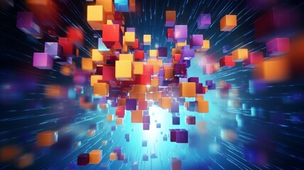 Exploding cubes in vibrant neon colors - A dynamic 3D illustration of colorful cubes exploding towards the viewer, set against a neon light streaked background - obrazy, fototapety, plakaty