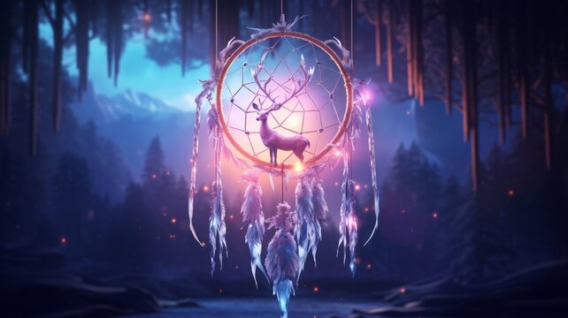 Dreamcatcher with a silhouette of a deer in winter - An ethereal dreamcatcher featuring a silhouetted deer enclosed in a snow-covered enchanted forest