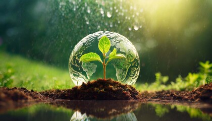 Green plant inside a glass globe on nature background. Save the planet concept - obrazy, fototapety, plakaty