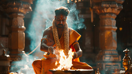 A priest performing puja inside a hindu temple. - obrazy, fototapety, plakaty