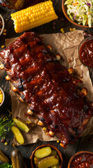 Fototapeta na wymiar Mouthwatering Kansas City Style BBQ with Classic Sides on Rustic Table