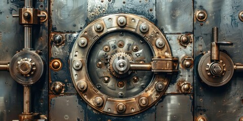 A bank vault door with intricate locking mechanisms.  - Powered by Adobe