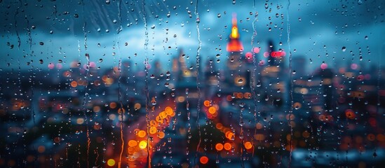 A rainy window view of the city skyline, with raindrops on glass and blurred buildings in background.