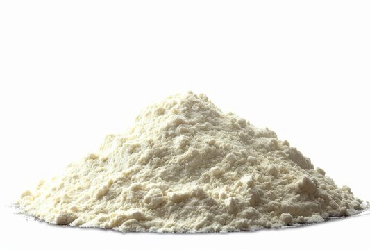 A pile of flour isolated on a white background with a clipping path, in a closeup view. A studio shot banner for commercial use.