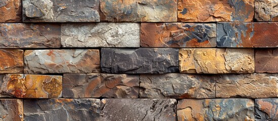 Realistic shot of a closeup view showcasing the unique texture and color palette of rectangular red-brown natural stone bricks arranged in horizontal rows, creating an eye-catching background for inte