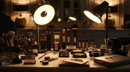 Illuminated by soft studio lights, an ensemble of beauty tools and cosmetics adorn the table, awaiting the deft touch of a crop makeup artist's expertise.