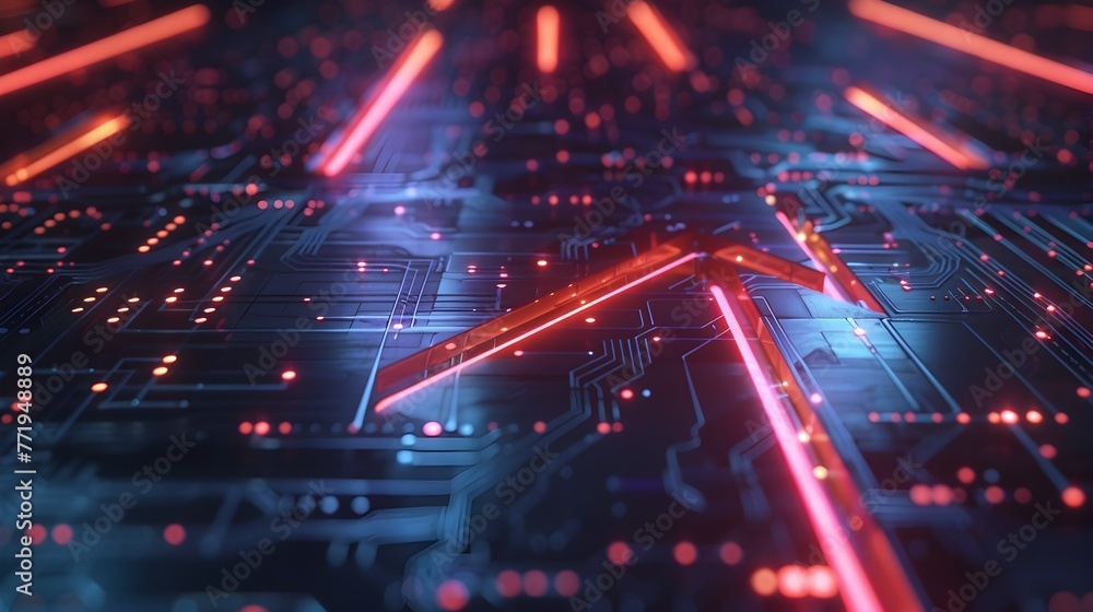 Poster Neon-Lit 3D Arrow Navigating Through Sleek Digital Realm with Luminous Trajectory