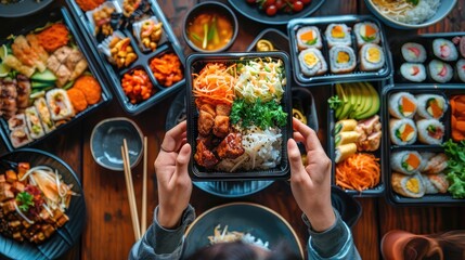High-angle view of an anonymous influencer capturing the colorful arrangement of lunch takeout.