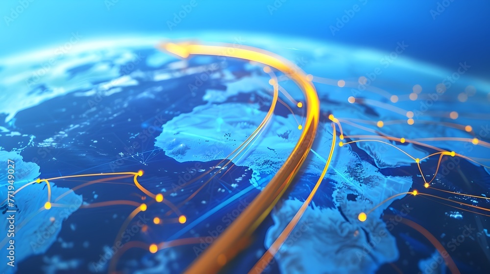 Poster pioneering global connectivity:a 3d arrow guiding the path on a virtual world