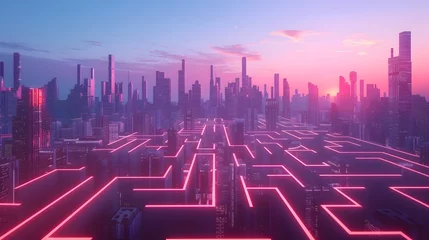 Zelfklevend Fotobehang Vibrant Futuristic City Maze with Glowing 3D Arrows in Dynamic Cityscape at Dusk © pkproject