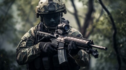 Soldier in camouflage with tactical gear - Armed soldier in full camouflage gear with a helmet and rifle in a forest setting