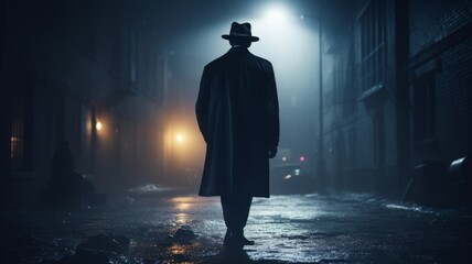 Mysterious figure in rainy alley - A moody image of a solitary figure standing in a rain-soaked alley, light casting long shadows - obrazy, fototapety, plakaty