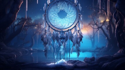 Mystical dreamcatcher in a moonlit forest - A captivating dreamcatcher backlit by a full moon hangs amid a surreal, misty forest enhancing a mystical atmosphere - obrazy, fototapety, plakaty