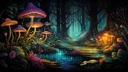 Mystical forest landscape with glowing mushrooms - A serene forest landscape, with vibrant glowing mushrooms around a mystical river, evokes a sense of otherworldly beauty