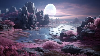 Mystical landscape with moon and pink flora - Surreal pink hued landscape with imposing moon and rich floral elements, invoking wonder and mysticism - obrazy, fototapety, plakaty
