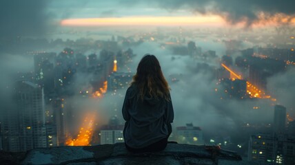 Person sitting and peering over foggy cityscape - An image of a person seated at a high point, looking over a foggy cityscape during a colorful sunrise - obrazy, fototapety, plakaty