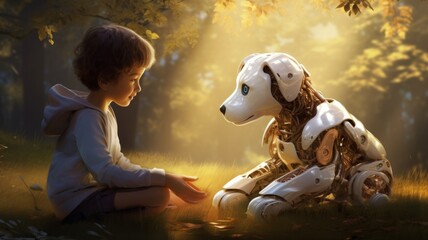 Robot and boy staring at each other - Two different forms of life, a human and a robot, coming face-to-face in a moment of contemplation - obrazy, fototapety, plakaty