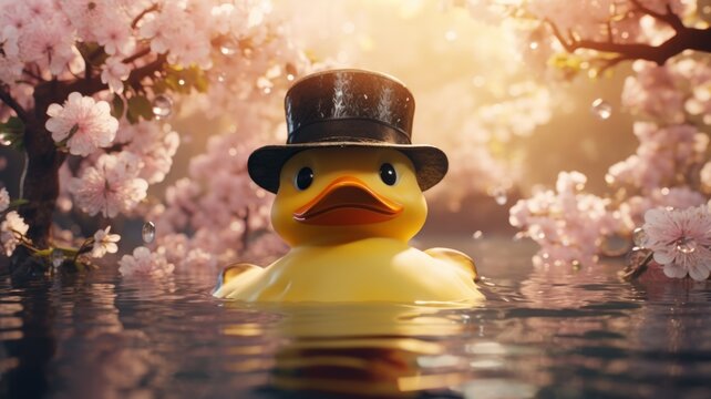 Rubber duck in top hat floating in a pond - Amusing image of a classic yellow rubber duck adorned with a vintage top hat floating serenely in pond water amidst cherry blossoms