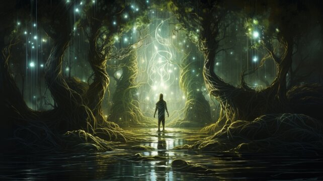 Silhouetted figure in an illuminated magical forest - A lone figure is silhouetted against a luminous backdrop of a mystical forest with dangling lights, invoking curiosity
