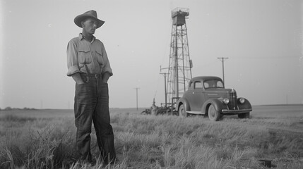 An early 20th-century farmer stands contemplatively beside a vintage car and an oil derrick in a vast field.
