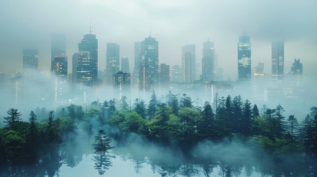 Compelling double exposure photograph showcasing the integration of urban landscapes with renewable energy technologies and the beauty of untouched nature.