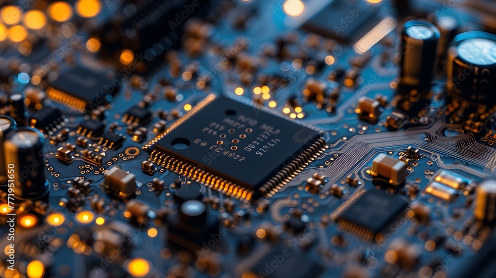 Poster intricate circuit board depicting technological advancements and automated assembly