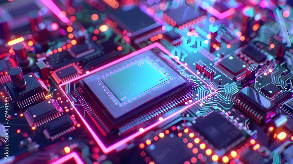 Poster vibrant computer chips assembling autonomous self-organizing technological landscape with digital ci