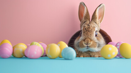 Fototapeta na wymiar A rabbit is looking at a bunch of Easter eggs