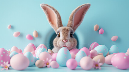 A rabbit is in a pile of Easter eggs