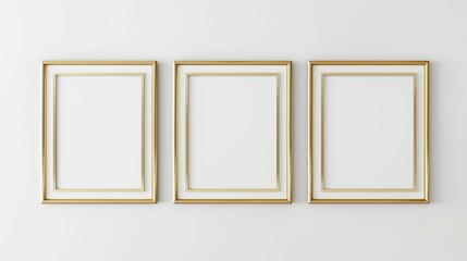 Gold border on white background, frame mockup set, home decoration, photo presentation, 3D rendering
