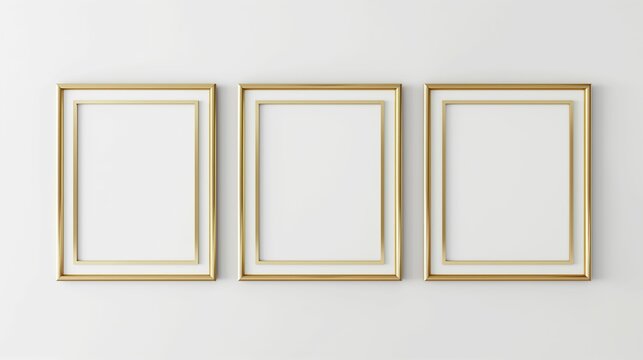 Gold border on white background, frame mockup set, home decoration, photo presentation, 3D rendering