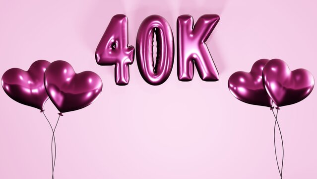 40k , 40000 followers, subscribers, likes celebration background with heart shaped helium air balloons and balloon texts on purple background 8k illustration.