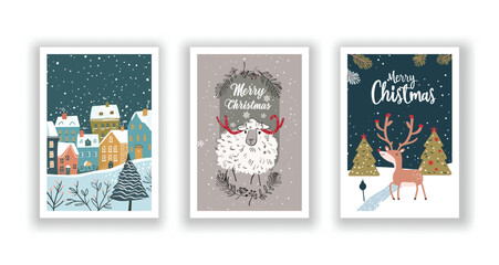 Hand-Drawn Christmas Greetings, Cute Flyers and Postcards with Minimalist Village, Sheep, Reindeer Background