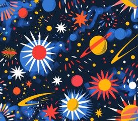 Vibrant space theme with stars and planets - This colorful illustration presents a dynamic space scene with various celestial bodies and energetic beams