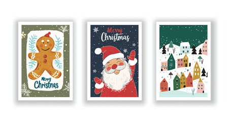 Hand-Drawn Christmas Greetings, Cute Flyers and Postcards with Minimalist Ginger man, Santa Claus, Village Background