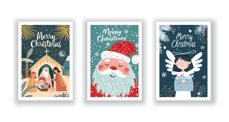 Hand-Drawn Christmas Greetings, Cute Flyers and Postcards with Minimalist Nativity Scene, Santa Claus, Angel Background