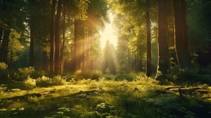 Sunlight piercing through a dense forest canopy - A serene forest scene with the sun's rays breaking through lush trees, illuminating the verdant undergrowth beneath