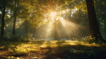 Sunlight streaming through a dense forest - Warm sunlight filters through the dense forest, illuminating the undergrowth and highlighting nature's beauty
