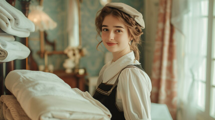 Inspired by retro 1940s style, a hotel maid stands in front of a bed, holding neatly folded blankets while giving a warm and gentle smile.