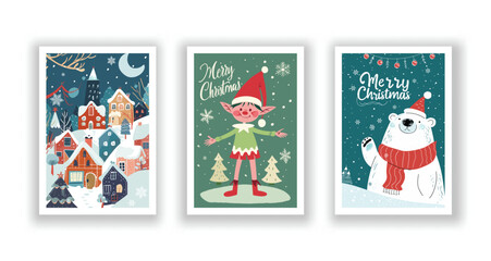 Hand-Drawn Christmas Greetings, Cute Flyers and Postcards with Minimalist Polar bears, Christmas elf, Village Background