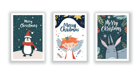 Hand-Drawn Christmas Greetings, Cute Flyers and Postcards with Minimalist Penguin, Donkey, Angel Background