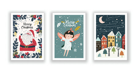 Hand-Drawn Christmas Greetings, Cute Flyers and Postcards with Minimalist Santa Claus, Angel, Village Background