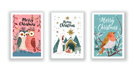 Hand-Drawn Christmas Greetings, Cute Flyers and Postcards with Minimalist Village, Angel, Snowman Background