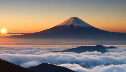 Fototapeta premium 夕日に照らされた富士山と雲海
