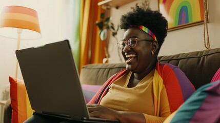 Happy Woman Using Laptop in a Colorful, Cozy Setting