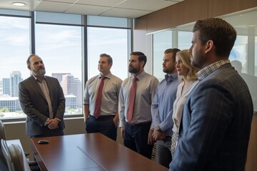 Corporate Team Discussion with Urban Skyline View