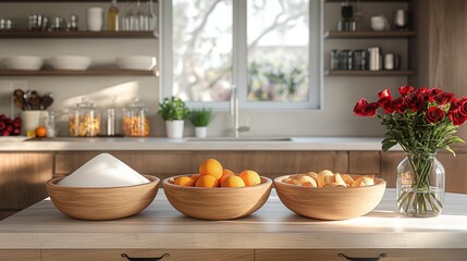 Sunny Modern Kitchen with Food Bowls and Fresh Roses