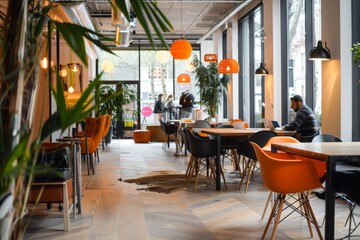 Modern Co-Working Space with Bold Colors and Plants