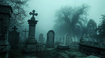 The cemetery in the forest is foggy.