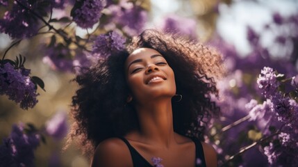 A woman with curly hair is smiling in a field of purple flowers